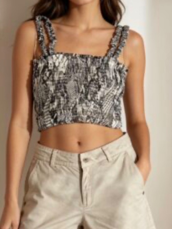 Paper Crane Tops - Paper Crane Smocked Square-Neck Crop Top in Black & Ivory